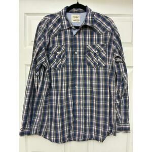 PD&C Mens XL Plaid Western Snap‎ Shirt Blue Brown Cowboy Pearl Snap